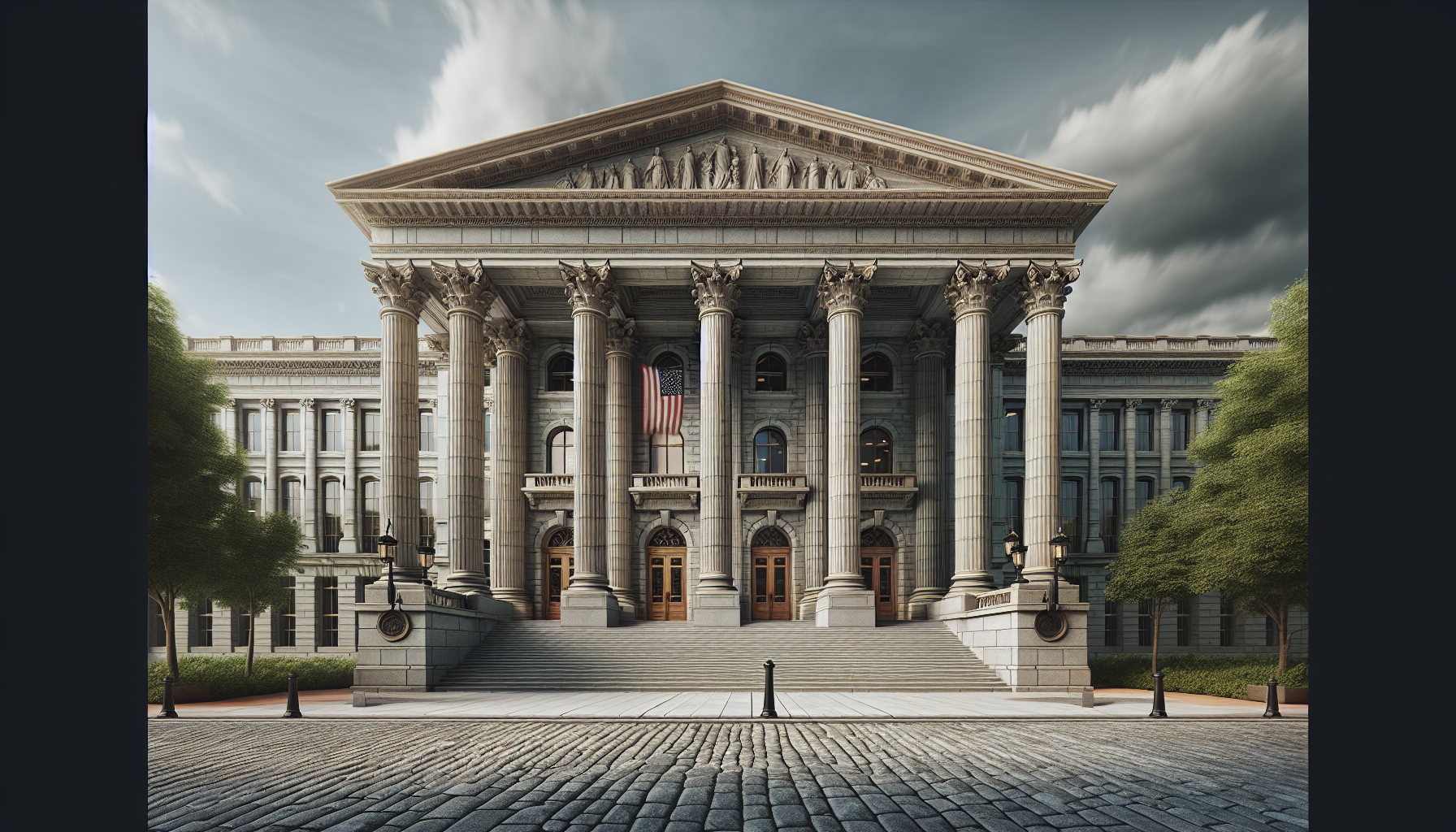 Neoclassical government building with columns and American flag, highlighting issues in bail reform