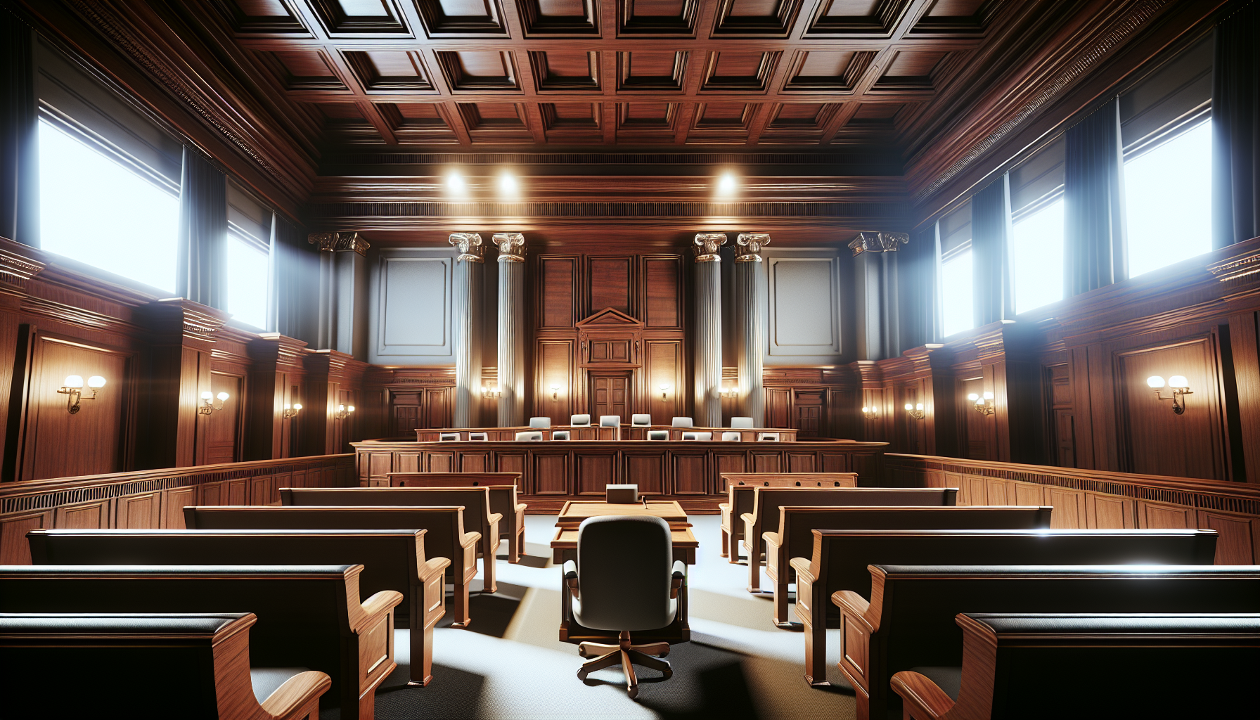 Empty courtroom symbolizing the challenges in the justice system and the importance of bail bonds